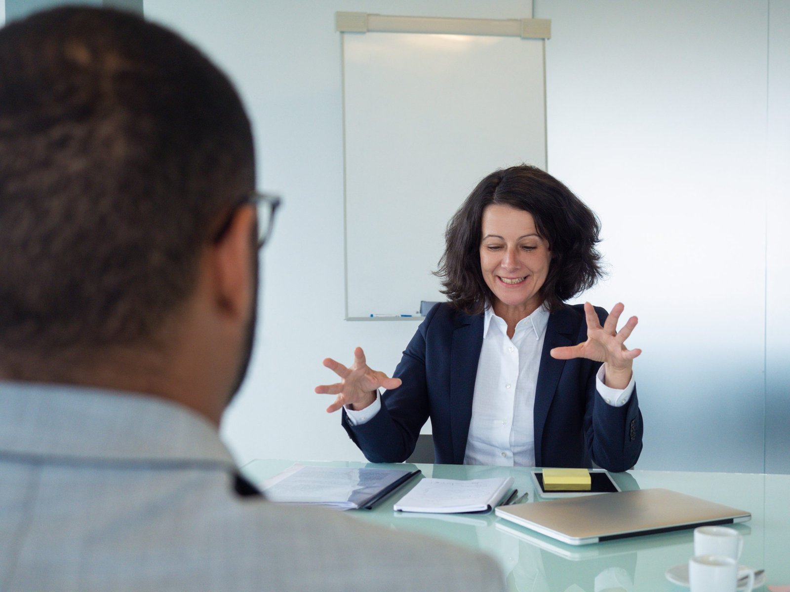 female talking in an interview